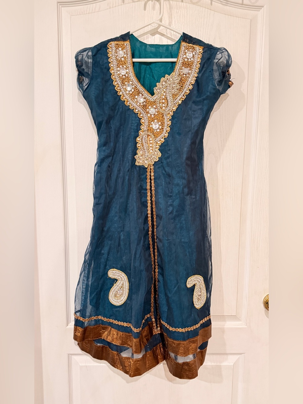 Indian Teal Embellished Dress with Gold Trim